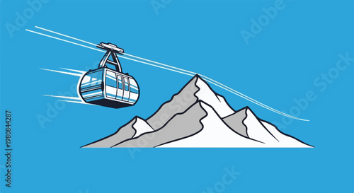 A stylized cable car moves past snow-capped mountains against a clear blue sky