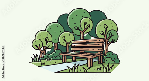A wooden park bench sits amidst lush trees and greenery