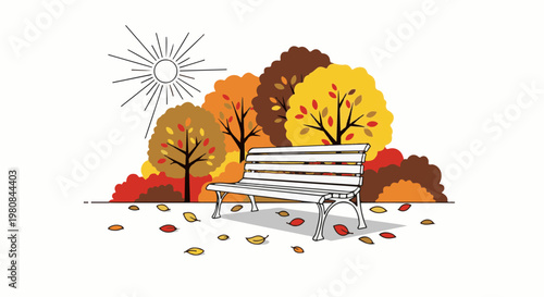 A white park bench sits among colorful autumn trees under a sun