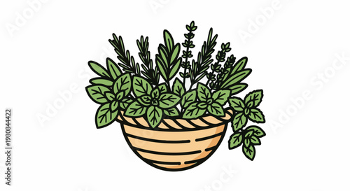 A woven basket overflowing with various fresh green herbs