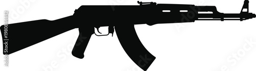 Black silhouette of assault rifle isolated on white background, military weapon icon, firearm concept, security, defense, danger, war symbol illustration