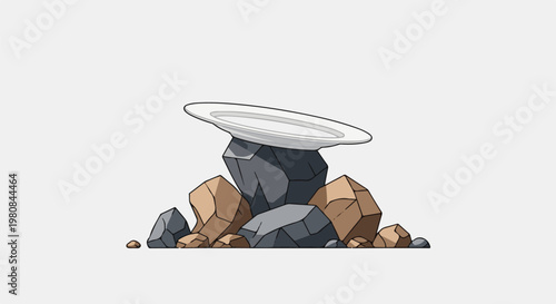 A white plate balanced precariously atop a cluster of grey and brown rocks