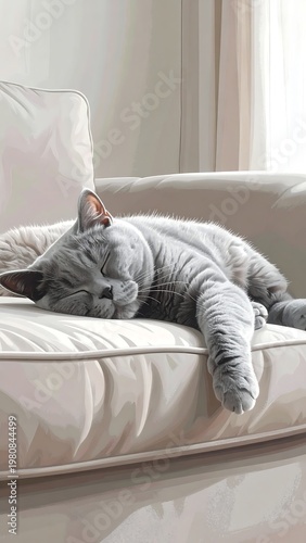 A serene gray cat rests on a white couch by the window