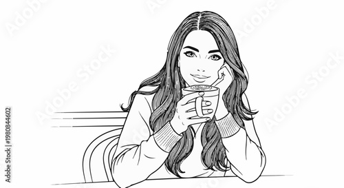 A young woman with long, wavy hair enjoys a warm beverage with latte art