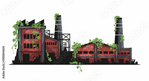 Abandoned brick industrial buildings overgrown with green vines under a white background