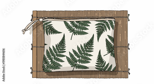 A zipped pouch with a fern pattern rests on a bamboo mat