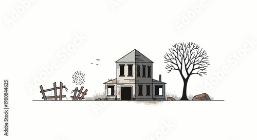 Abandoned house with a broken fence and a bare tree