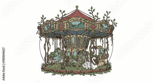 Abandoned carousel overgrown with vines, featuring horses and a swan