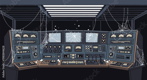 Abandoned control room with cobwebs and broken screens