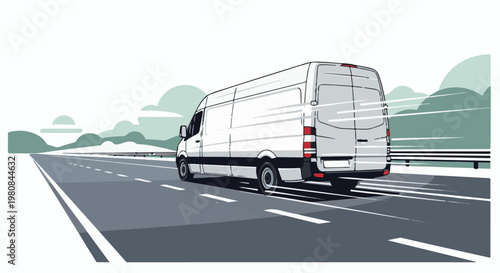 A white van speeds down a highway past rolling hills and clouds