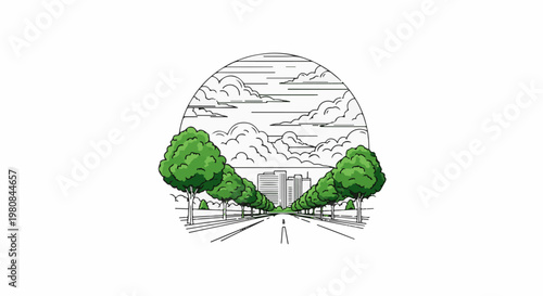 A tree-lined road leads to a cityscape under a cloudy sky