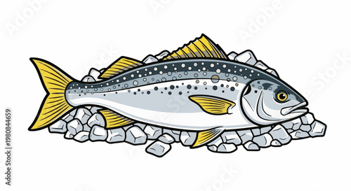 A whole fish with yellow fins rests on ice cubes