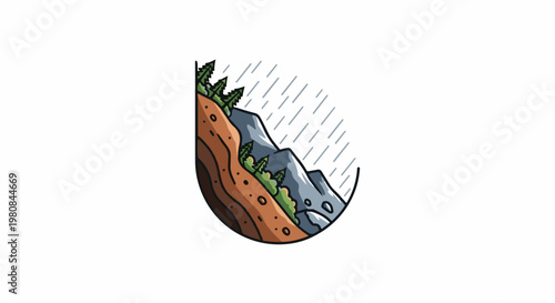 A stylized illustration of a rainy mountain landscape within a circular frame