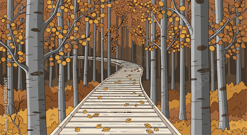 A winding wooden boardwalk through a forest with autumn foliage and tall grey trees