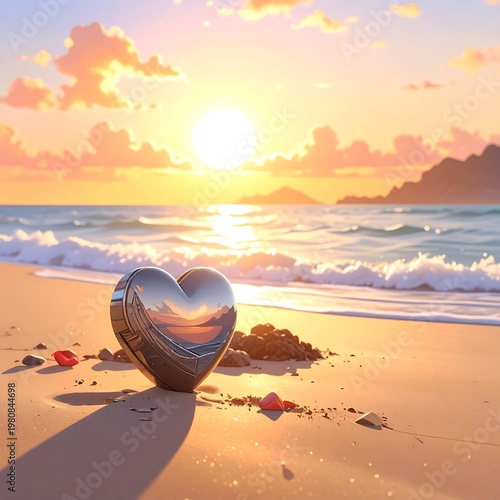 A shiny heart-shaped object on a serene beach at sunset