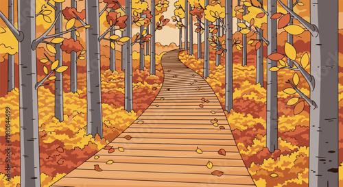 A winding wooden path through a colorful autumn forest with fallen leaves