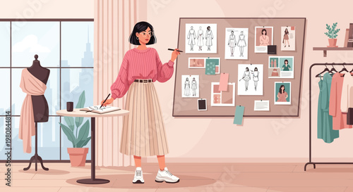 Fashion designer working on new clothing collection ideas.