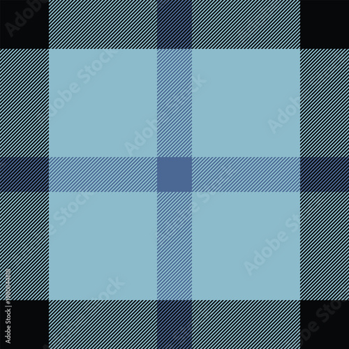 Classy seamless background check, festive pattern textile fabric. Professional vector plaid tartan texture in cyan and black colors.