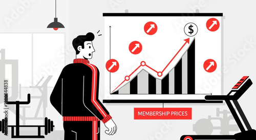 Man analyzing financial growth chart in gym setting.