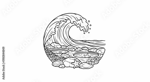 A stylized wave crashes over tide pools filled with rocks and shells