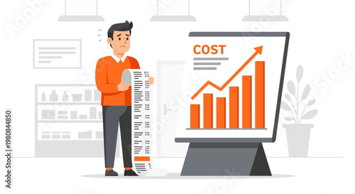 Man Analyzing Rising Cost Chart with Long List.
