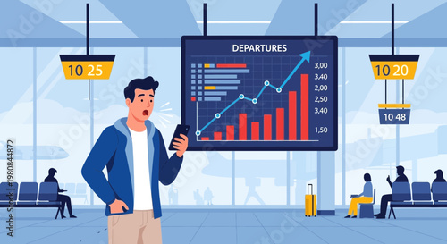 Man checking phone in airport with departure board showing graph.
