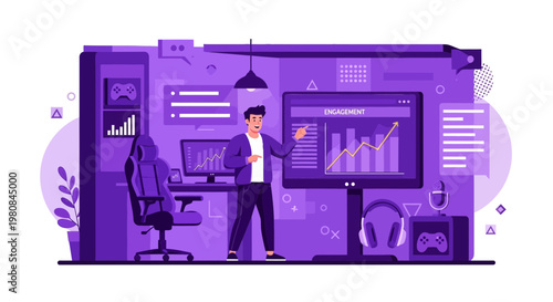 Man presenting financial data on a large screen.