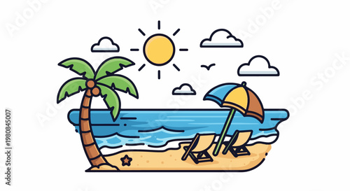 A sunny beach scene with a palm tree, umbrella, and lounge chairs