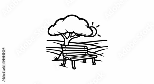 A sunny park bench rests beneath a lush tree on a grassy knoll