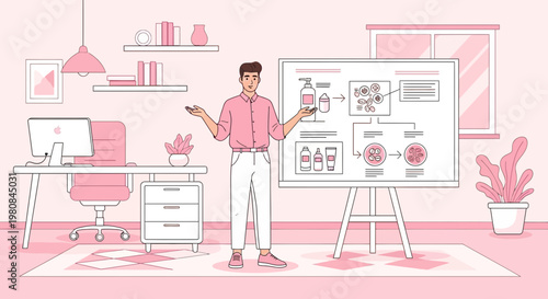 Man presenting business strategy on whiteboard in office.