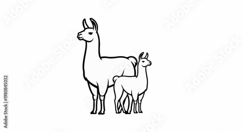 A stylized line drawing of two llamas, one adult and one young