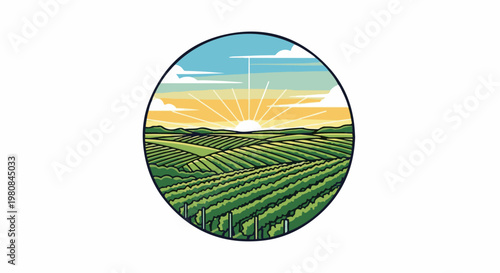 A sunrise over rolling vineyard hills in an oval frame