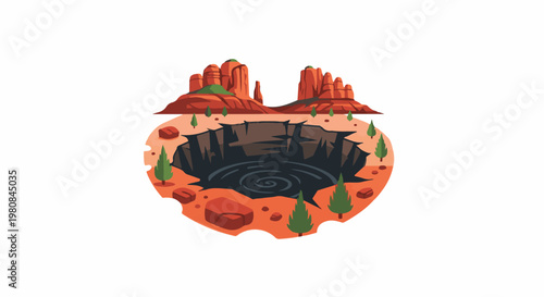 A surreal desert landscape with towering red rock formations and a gaping abyss
