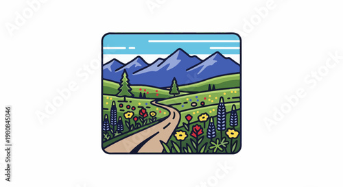 A winding path through a vibrant meadow towards majestic mountains