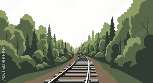 A winding railway track curves through a dense forest under a pale sky
