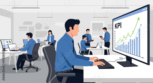 Man working on computer in modern office analyzing KPI data.