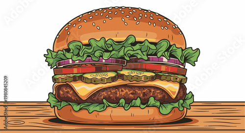 A tall, juicy burger stacked high with lettuce, tomato, cheese, and pickles