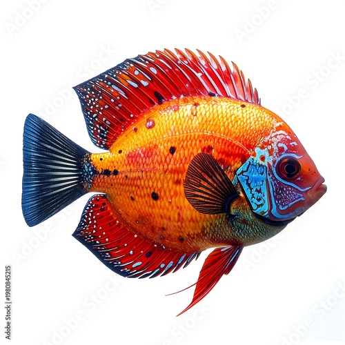 A vibrant orange fish with blue and red fins