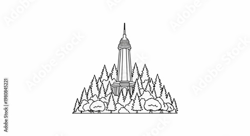 A tall monument stands prominently amidst a dense forest of various trees