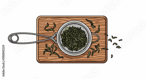 A tea strainer filled with dried leaves rests on a wooden surface