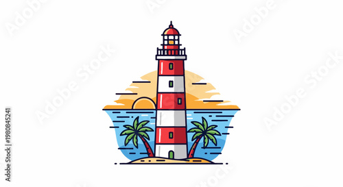 A tall, striped lighthouse stands on a sandy island with palm trees