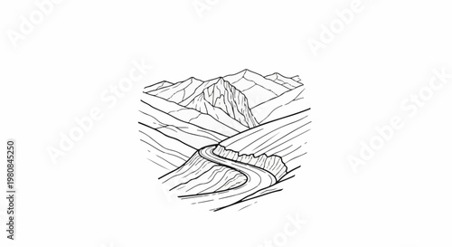 A winding road carves through a majestic mountain valley with jagged peaks