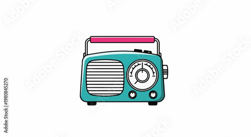 A teal retro portable radio with a pink handle and dial