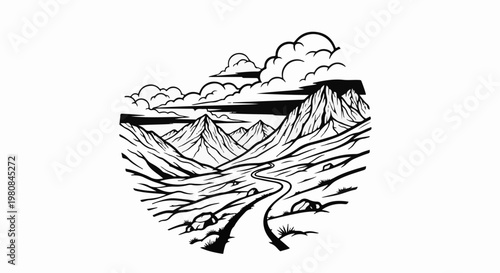 A winding road curves through a mountainous landscape under a cloudy sky