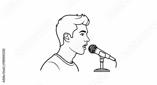 A stylized outline illustration of a young man speaking into a microphone