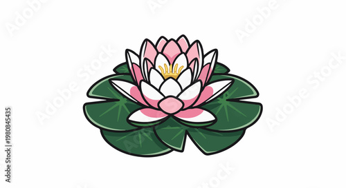 A stylized pink and white water lily with green lily pads on a white background