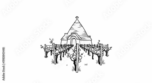 A whimsical vineyard with a unique conical building and grapevines