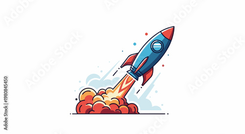 A stylized cartoon rocket blasts off with fiery exhaust and clouds