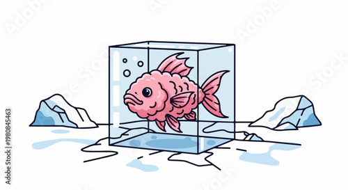 A stylized pink fish trapped in an ice cube with icebergs in the background