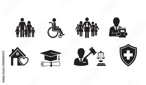 Collection of diverse social service icons representing family healthcare education and legal justice
